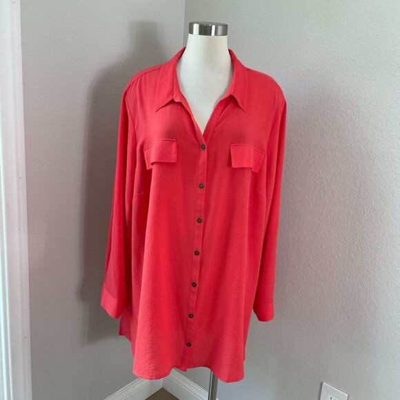 Catherines Womens Plus 2X Coral Button Up Blouse Roll Tab Sleeve Pocket Shirt - Picture 1 of 11